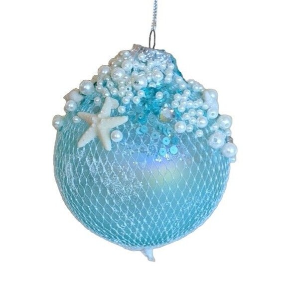December Diamonds 79-81266 Blue Bead Sequin Net 4" Glass Christmas Ornament - Picture 2 of 2